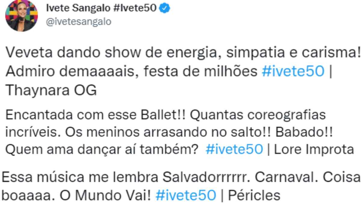 Lore Improta, Péricles e Thaynara OG comandam rede social de Ivete Sangalo durante show especial de 50 anos