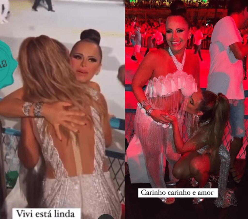 Paz selada! Nicole Bahls beija barriga e abraça Viviane Araújo na Sapucaí após brigas no passado