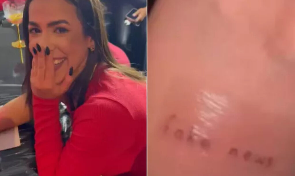 Ex-BBB Larissa Tomásia tatua ‘fake news’ no braço em homenagem a meme do reality show