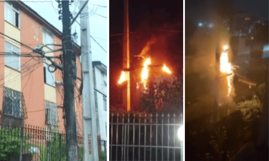 Poste pega fogo por causa de fiação clandestina de telefonia no bairro de Santa Mônica, em Salvador
