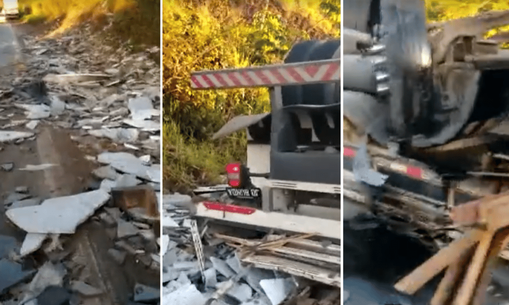 Motorista perde controle e carreta carregada de mármore capota no extremo sul da Bahia