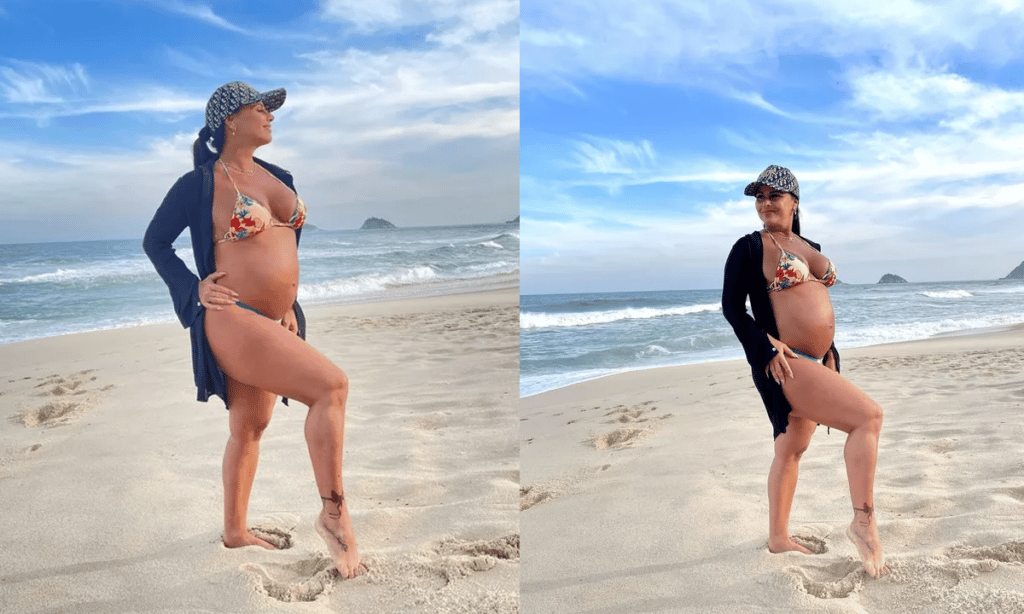 Viviane Araújo vai à praia na reta final da gestação e entrega ansiedade: ‘Joaquim está chegando’