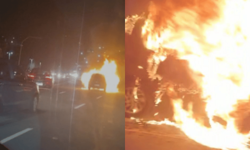 Carro pega fogo em viaduto do Dique do Tororó em Salvador