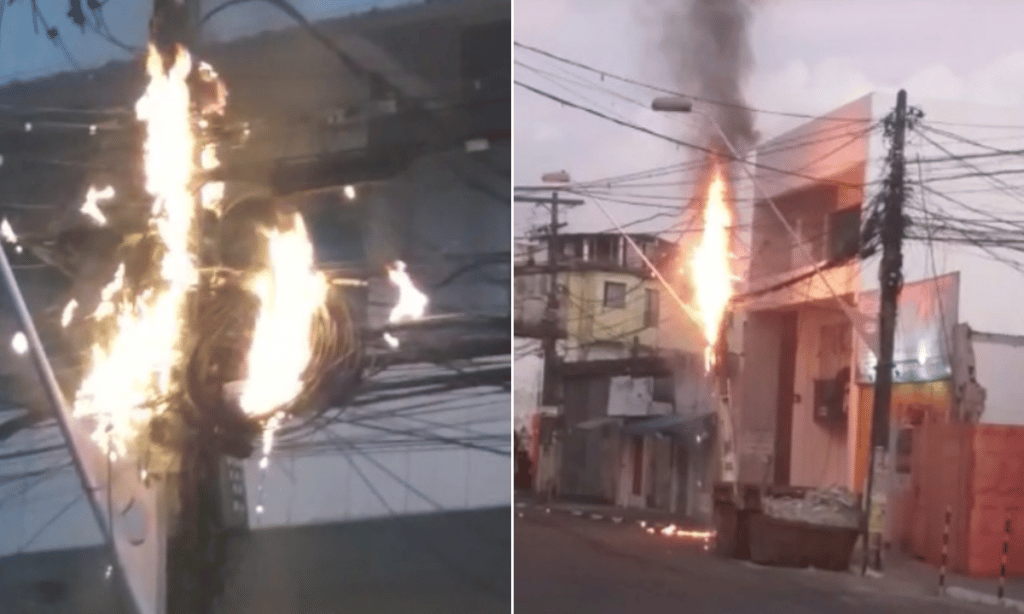Vídeo: poste pega fogo e moradores ficam sem energia no centro de Lauro de Freitas