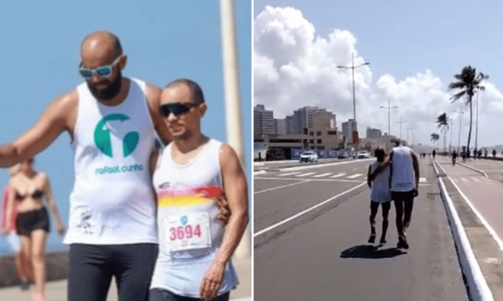 Competidor de maratona é apoiado por amigo por 10km após sentir dor nas pernas: ‘sozinhos não somos ninguém’